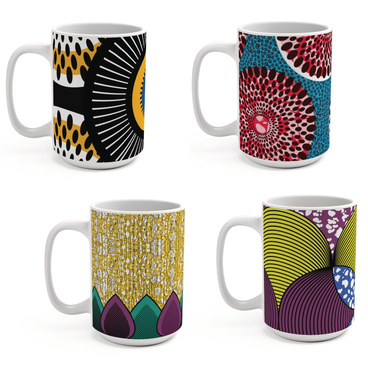 Large 15oz African Print Coffee Mugs (Set of 4) | African Wax Print Fabric Inspired